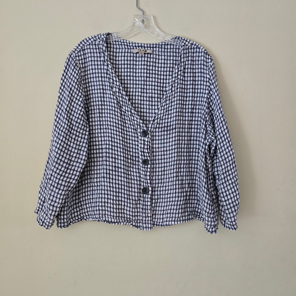 FLAX Women Navy White Gingham Linen V-Neck Button Front Boxy Top Size M - Picture 7 of 7